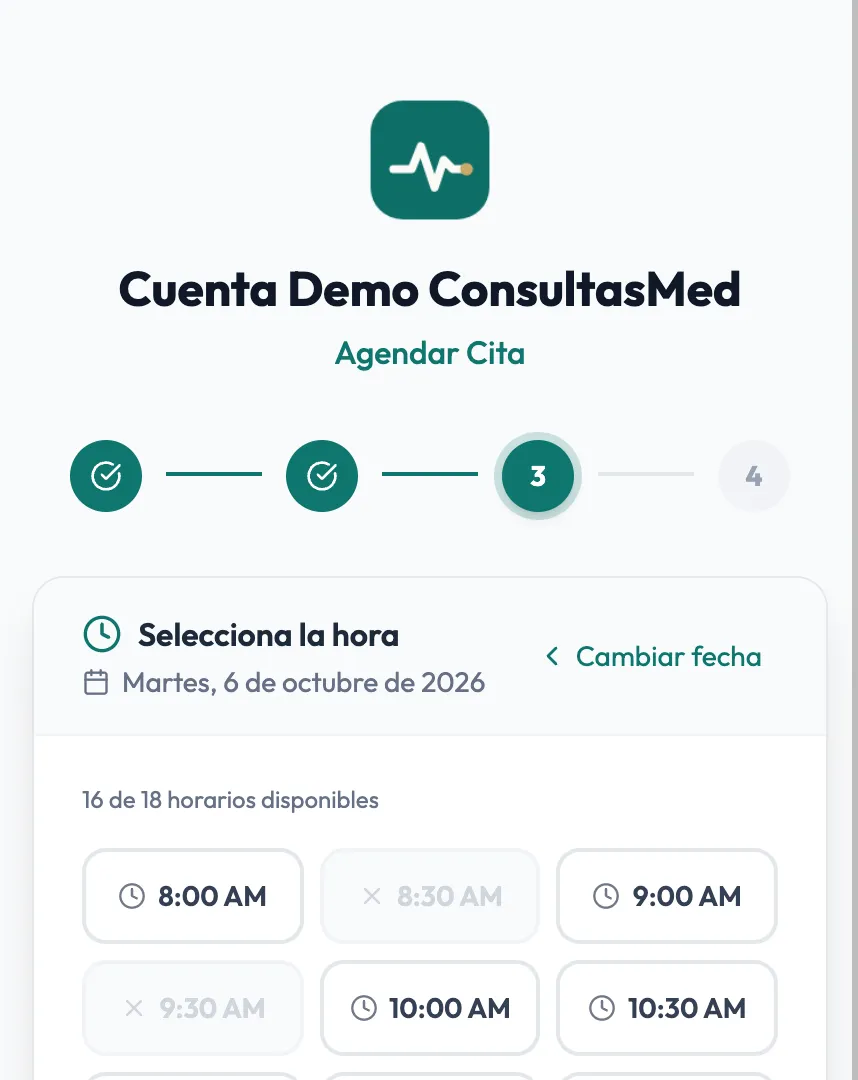 Agendamiento público de ConsultasMed en un celular: el paciente elige la hora de su cita