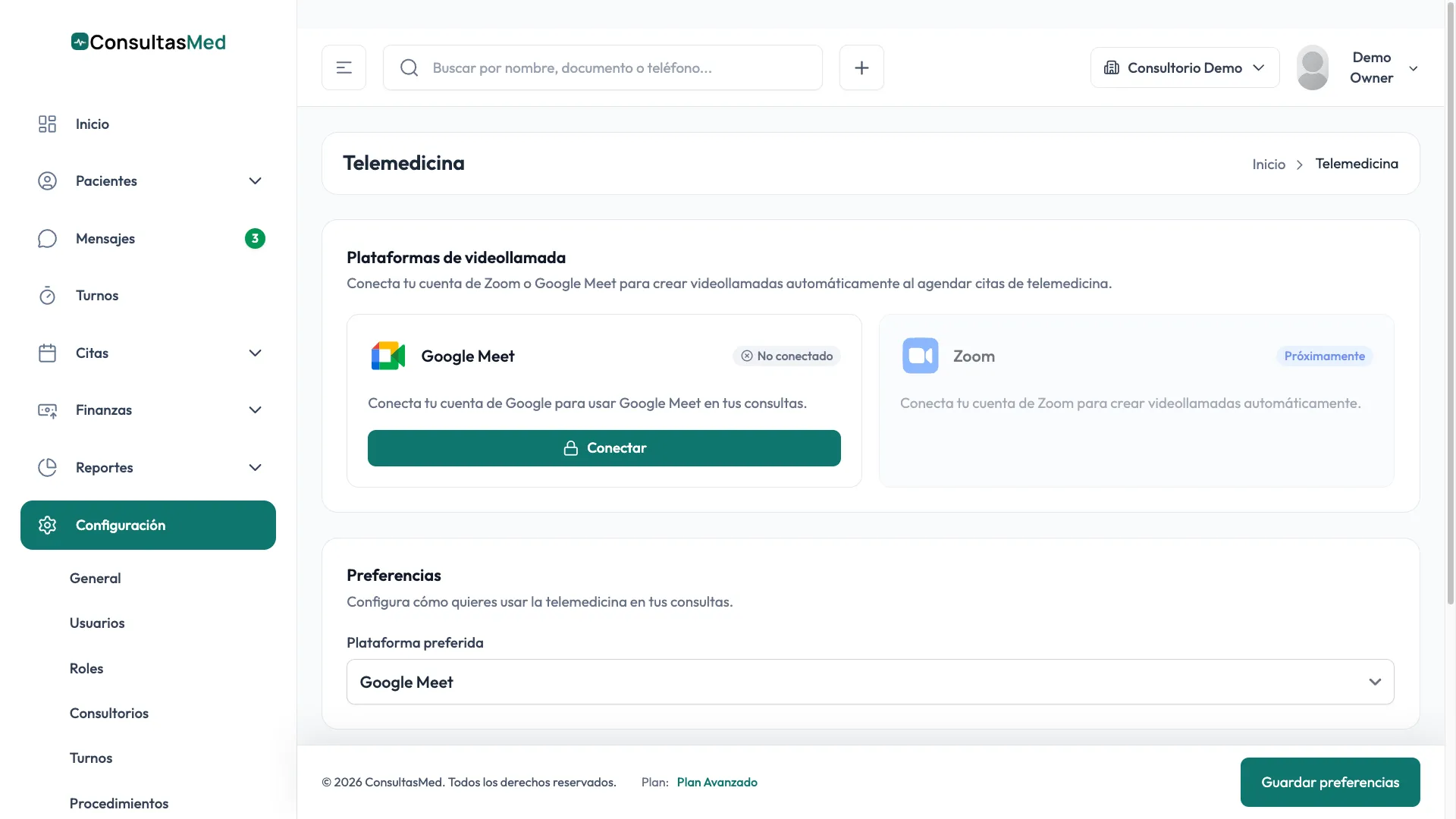 Configuración de telemedicina en ConsultasMed con la conexión de Google Meet por médico